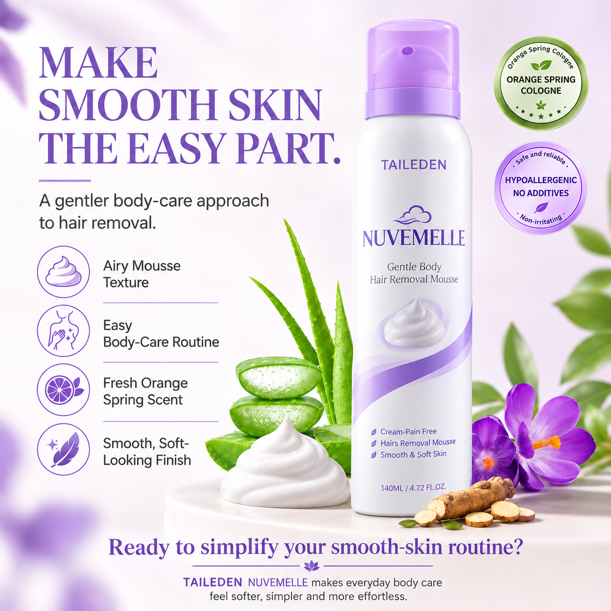 TAILEDEN  NUVEMELLE Hair Removal Mousse for Women – Gentle & Easy Depilatory Foam for Smooth Skin, Legs, Arms & Underarms, 4.73 Fl Oz