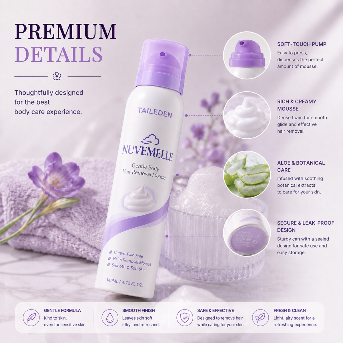 TAILEDEN  NUVEMELLE Hair Removal Mousse for Women – Gentle & Easy Depilatory Foam for Smooth Skin, Legs, Arms & Underarms, 4.73 Fl Oz