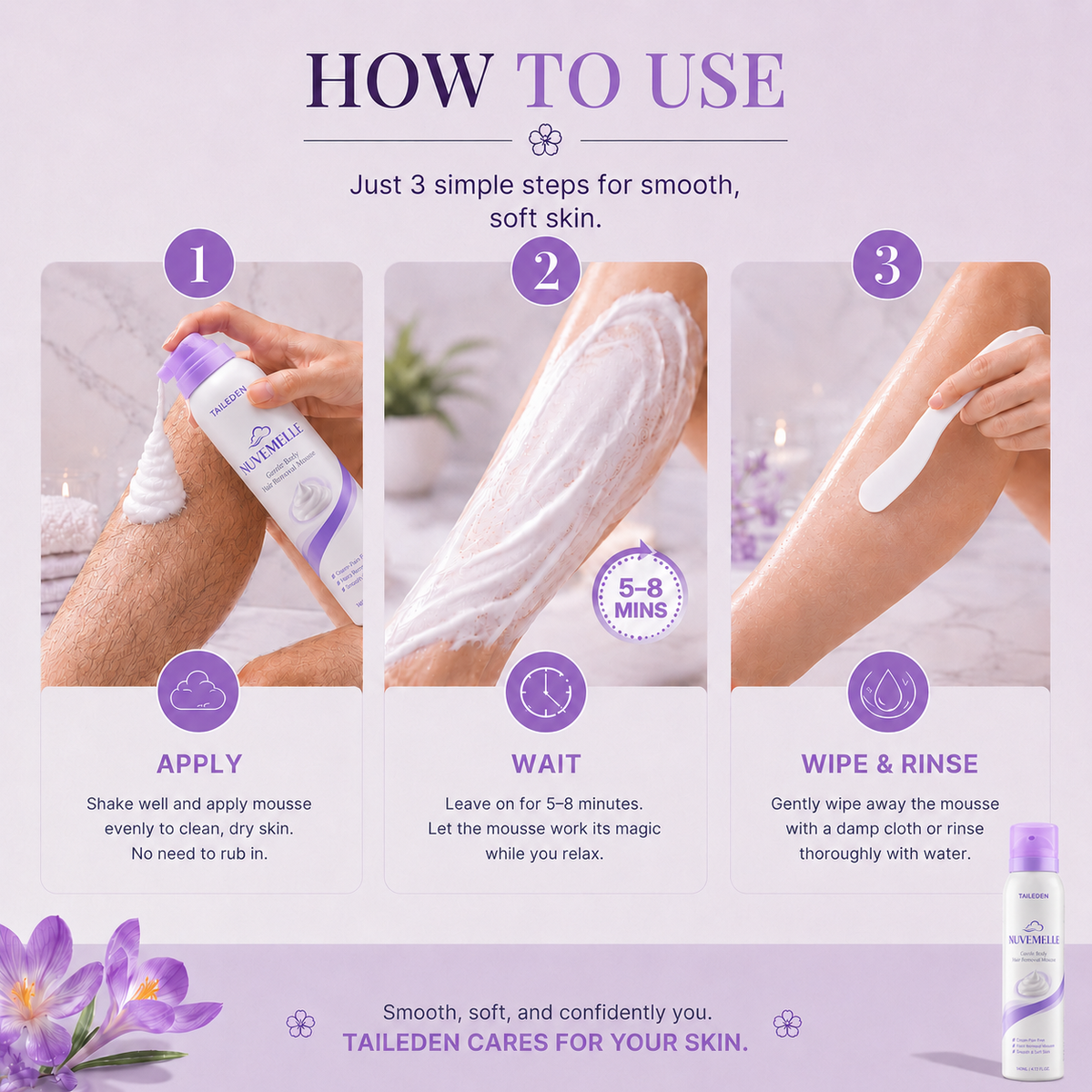 TAILEDEN  NUVEMELLE Hair Removal Mousse for Women – Gentle & Easy Depilatory Foam for Smooth Skin, Legs, Arms & Underarms, 4.73 Fl Oz